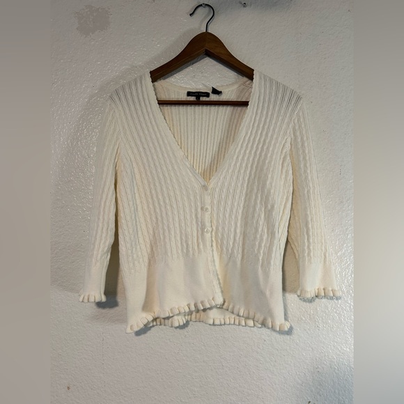 Jeanne Pierre White Ribbed Cotton Cardigan Large Coastal Grandma Lagenlook - Picture 1 of 11
